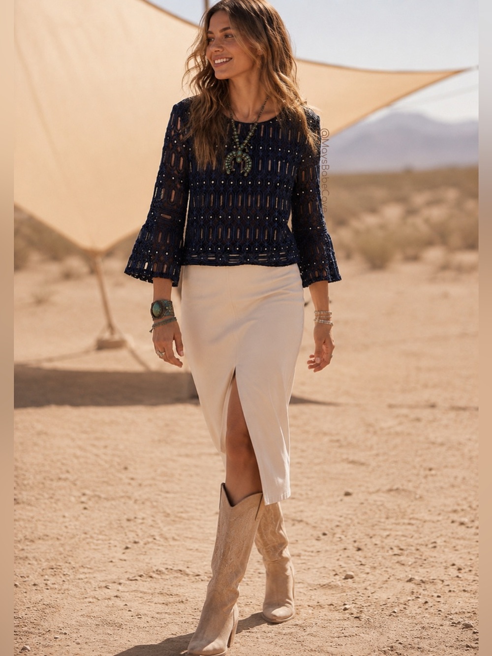 Loft Navy Lace Metallic Crochet Bell Sleeve Blouse - Picture 2 of 12